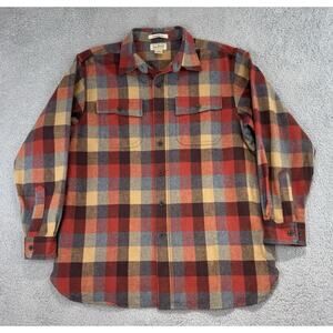LL Bean Chamois Shirt Mens Large Orange Brown Plaid Traditional Fit Flannel